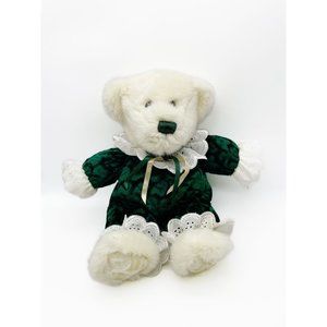 Vintage TB Toy Trading Teddy Bear 13" White Plush Stuffed Green Crushed Velvet